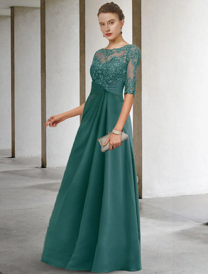 Weitese Sheath / Column Mother of the Bride Dress Fall Wedding Guest Dresses Plus Size Elegant Jewel Neck Floor Length Chiffon Lace Short Sleeve with Appliques Side-Draped