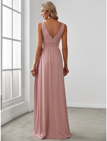 Weitese A-Line Prom Party Dress High Split Dress Wedding Guest Formal Evening Floor Length Sleeveless V Neck Bridesmaid Dress Chiffon V Back with Slit Pure Color