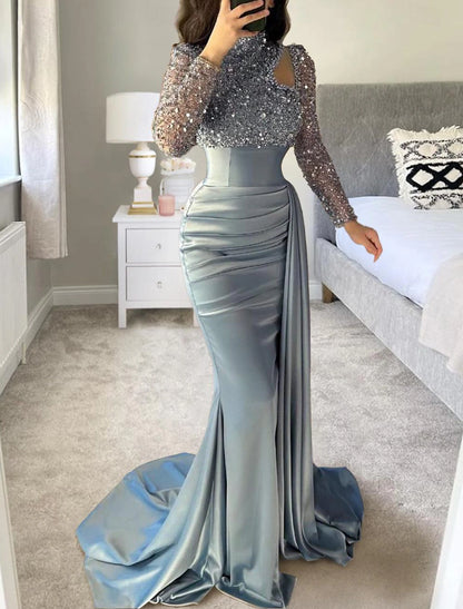 Mermaid / Trumpet Evening Gown Sliver Elegant Dress Formal Sweep / Brush Train Long Sleeve High Neck Satin