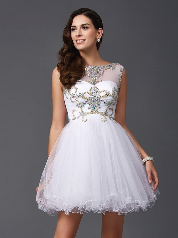 Weitese A-Line/Princess Scoop Beading Sleeveless Short Net Dresses