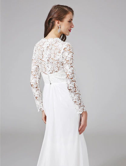 Weitese Beach Royal Style Boho Wedding Dresses Sheath / Column Illusion Neck Long Sleeve Sweep / Brush Train Chiffon Bridal Gowns With Lace Button