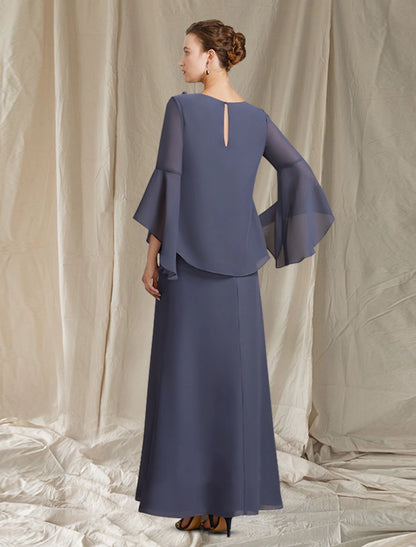 Weitese A-Line Mother of the Bride Dress Plus Size Elegant Jewel Neck Ankle Length Chiffon Long Sleeve with Flower