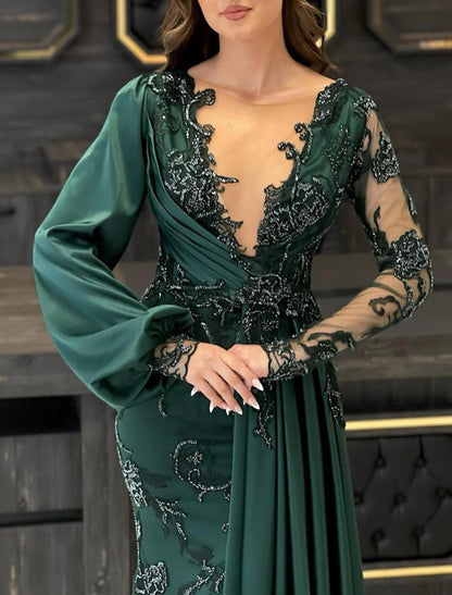 Mermaid / Trumpet Evening Gown Elegant Dress Formal Wedding Guest Floor Length Long Sleeve V Neck Fall Wedding Guest Lace