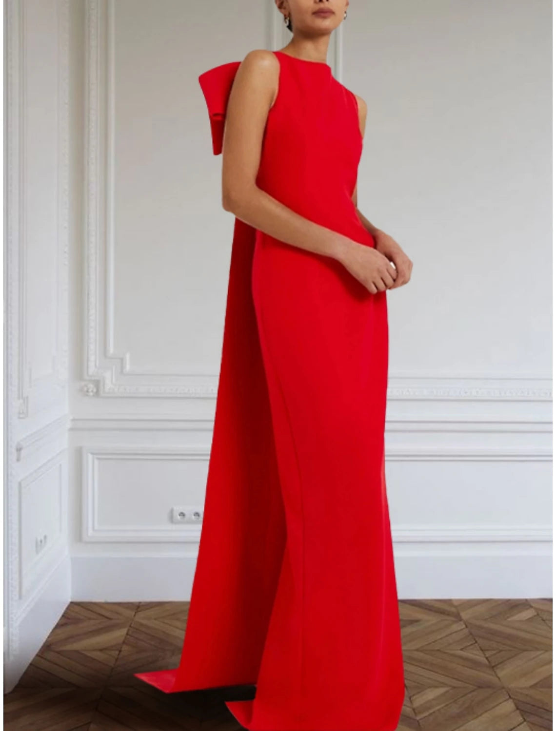 Sheath Red Green Dress Evening Gown Elegant Dress Formal Sweep / Brush Train Sleeveless Jewel Neck Stretch Fabric