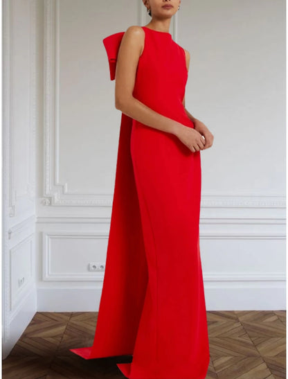 Sheath Red Green Dress Evening Gown Elegant Dress Formal Sweep / Brush Train Sleeveless Jewel Neck Stretch Fabric