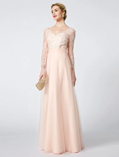 Weitese Ball Gown Pastel Colors Dress Holiday Cocktail Party Floor Length Long Sleeve V Neck Tulle Low Back with Beading Appliques