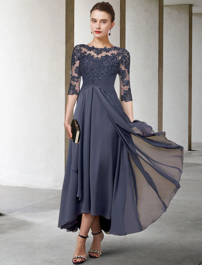 Weitese A-Line Mother of the Bride Dress Fall Wedding Guest Plus Size Elegant High Low Jewel Neck Asymmetrical Tea Length Chiffon Lace Half Sleeve with Ruched Appliques