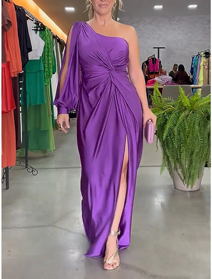 Weitese Women's Prom Dress Party Dress Satin Dress Long Dress Maxi Dress Purple Long Sleeve Pure Color Ruched Spring Fall Winter One Shoulder Fashion Winter Dress Evening Party Wedding Guest