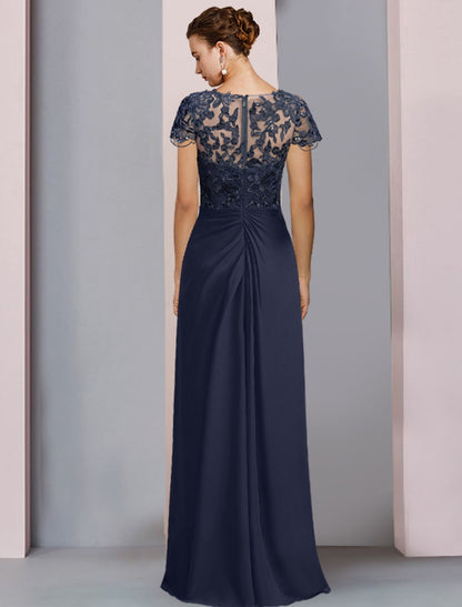 Weitese Sheath / Column Mother of the Bride Dress Formal Luxurious Elegant Scoop Neck Floor Length Chiffon Lace Short Sleeve with Sequin Appliques