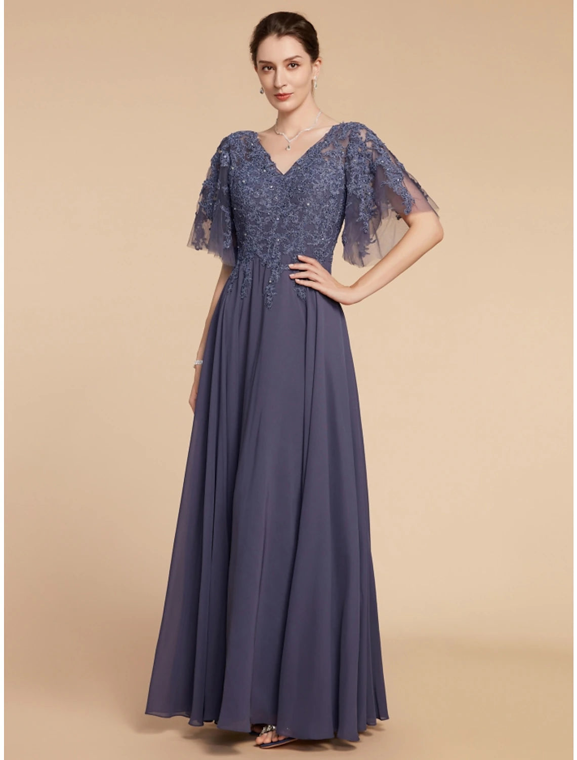 Weitese A-Line Mother of the Bride Dress Wedding Guest Elegant V Neck Floor Length Chiffon Lace Short Sleeve with Sequin Ruching Solid Color