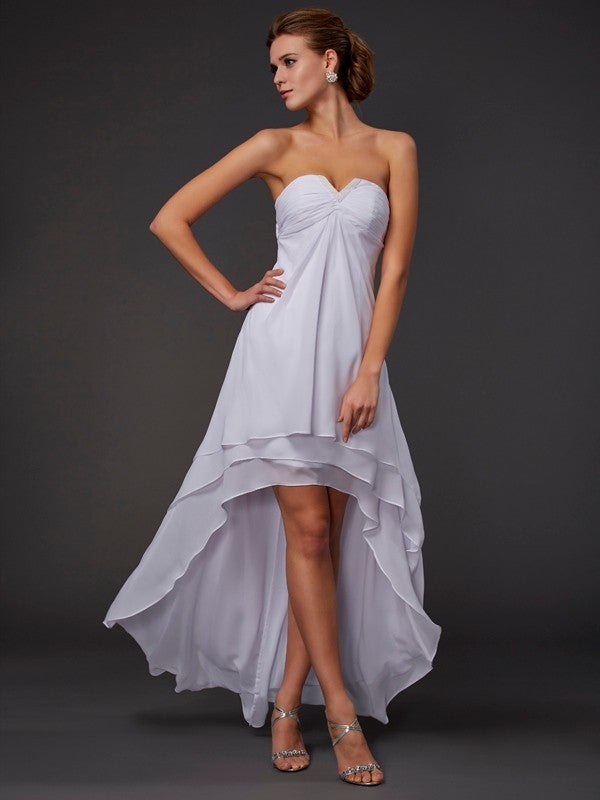 Weitese A-Line/Princess Sweetheart Sleeveless Ruffles High Low Chiffon Dresses