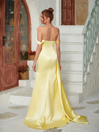 Weitese Sheath/Column Satin Ruched Off-the-Shoulder Sleeveless Sweep/Brush Train Dresses