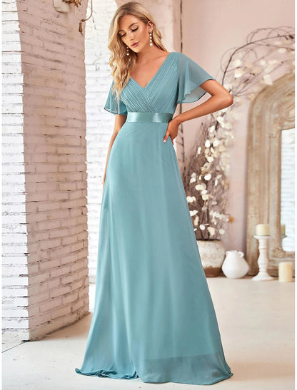 Weitese A-Line Evening Gown Party Dress Empire Dress Wedding Guest Formal Evening Floor Length Short Sleeve V Neck Bridesmaid Dress Chiffon V Back with Ruffles Pure Color