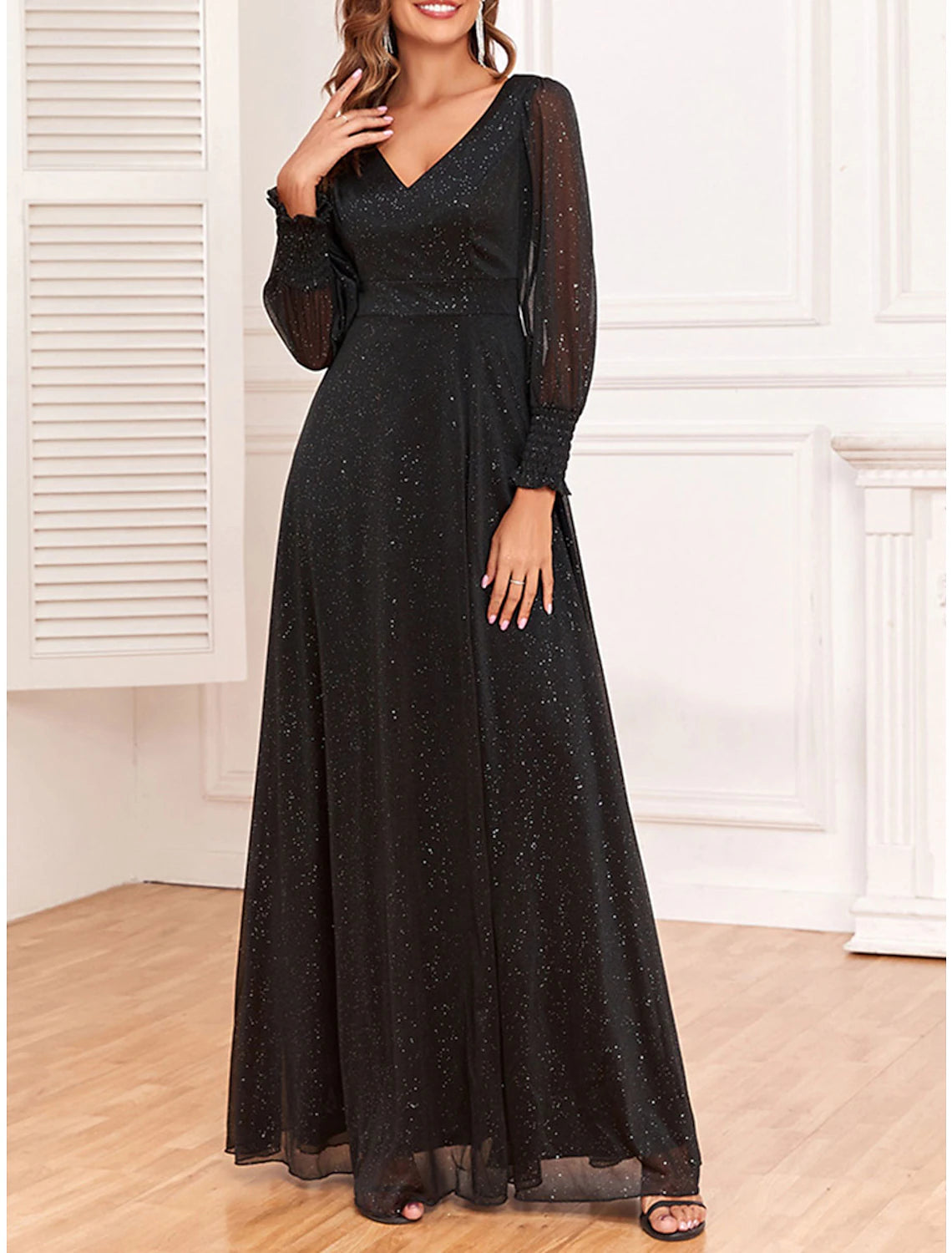 Weitese Women's Black Dress Prom Dress Party Dress Long Dress Maxi Dress Black Long Sleeve Dot Sparkly Spring Fall Winter V Neck Fashion Winter Dress Wedding Guest Evening Party