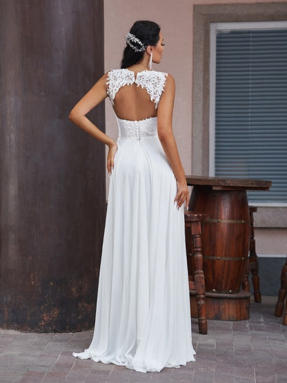 Weitese A-Line/Princess Chiffon Lace V-neck Sleeveless Floor-Length Wedding Dresses