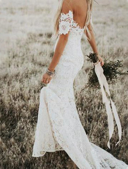 Weitese Beach Boho Wedding Dresses Mermaid / Trumpet Off Shoulder Cap Sleeve Chapel Train Lace Bridal Gowns With Appliques Solid Color