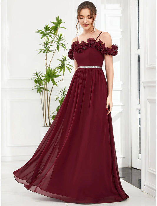 Weitese A-Line Prom Dresses Vintage Dress Wedding Guest Birthday Floor Length Sleeveless Off Shoulder Bridesmaid Dress Chiffon with Appliques Shouder Flower