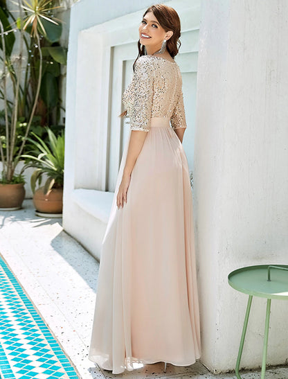 Weitese A-Line Mother of the Bride Dress Wedding Guest Plus Size Elegant Jewel Neck Floor Length Tulle Sequined 3/4 Length Sleeve with Sequin Fall