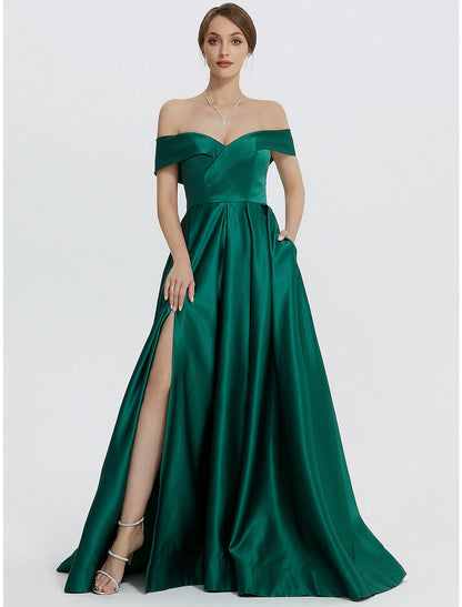 Weitese A-Line Evening Gown Elegant Dress Formal Prom Floor Length Sleeveless Sweetheart Satin with Slit