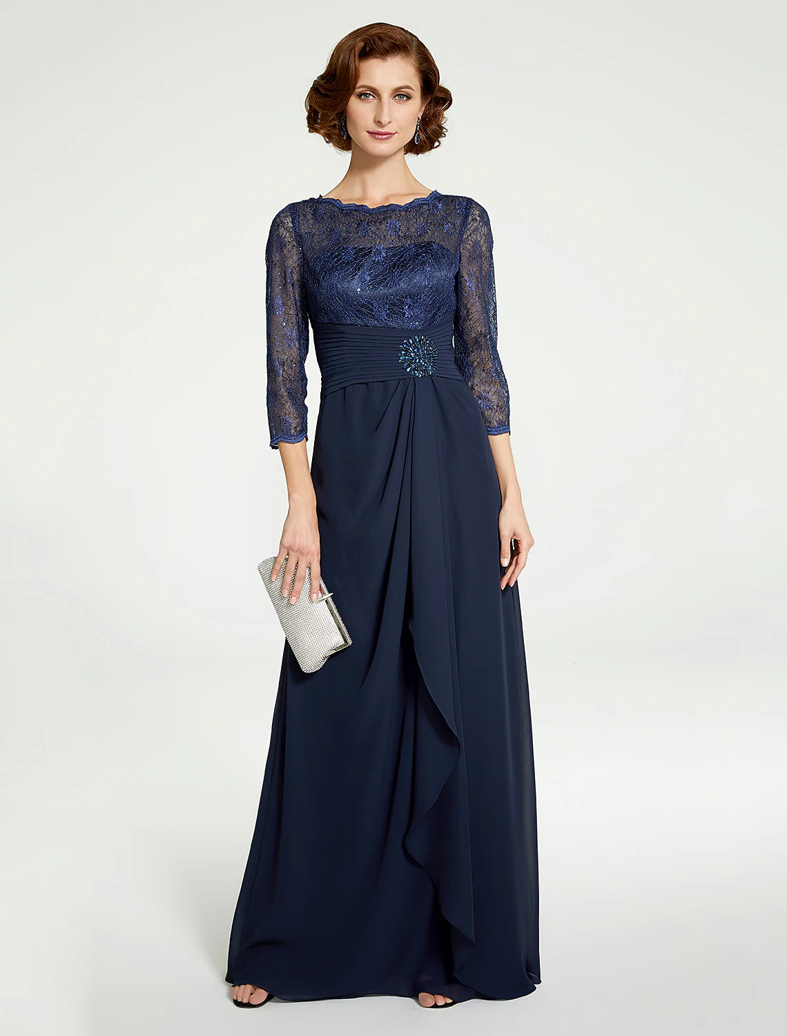 Weitese A-Line Mother of the Bride Dress Jewel Neck Floor Length Chiffon Lace 3/4 Length Sleeve with Lace Ruching