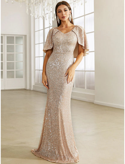 Weitese Mermaid / Trumpet Evening Gown Elegant Dress Formal Fall Sweep / Brush Train Half Sleeve V Neck Sequined with Glitter