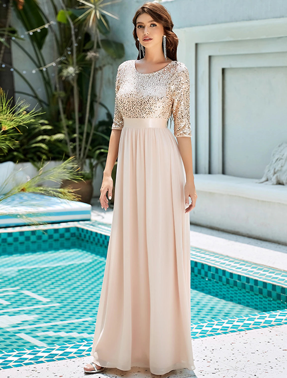 Weitese A-Line Mother of the Bride Dress Wedding Guest Plus Size Elegant Jewel Neck Floor Length Tulle Sequined 3/4 Length Sleeve with Sequin Fall