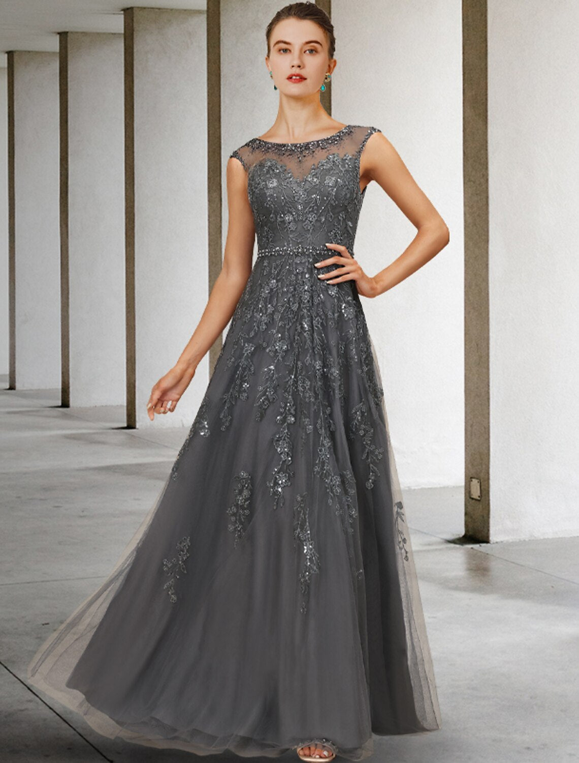 Weitese A-Line Mother of the Bride Dress Fall Wedding Guest Dresses Luxurious Elegant Jewel Neck Floor Length Lace Tulle Sleeveless with Sash / Ribbon Beading Sequin