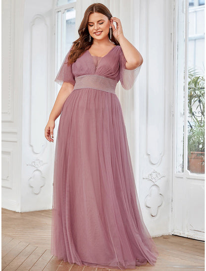 Weitese A-Line Bridesmaid Dress V Neck Short Sleeve Plus Size Floor Length Tulle with Ruffles