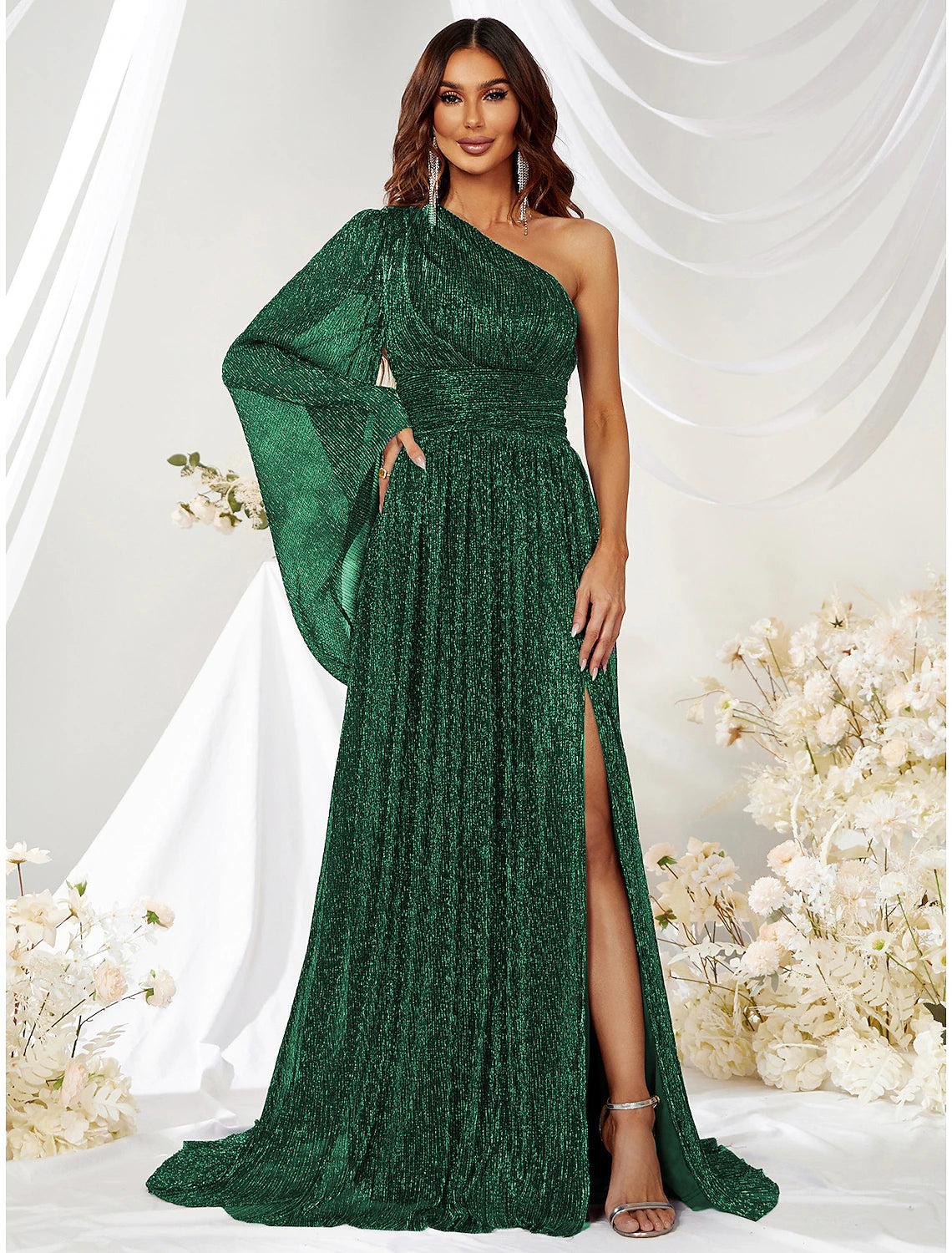 Weitese A-Line Wedding Guest Dresses Sparkle & Shine Dress Formal Evening Party Sweep / Brush Train Long Sleeve One Shoulder Polyester with Glitter Slit