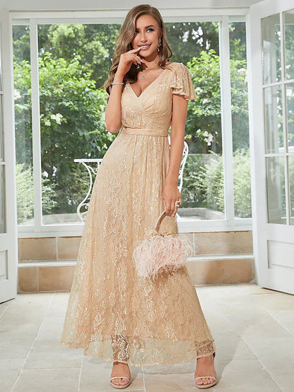 A-Line Wedding Guest Dresses Elegant Dress Party Wear Ankle Length Short Sleeve V Neck Chiffon