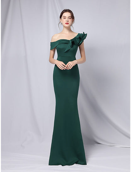 Weitese Mermaid / Trumpet Evening Gown Empire Dress Wedding Guest Formal Evening Floor Length Short Sleeve One Shoulder Stretch Satin with Ruffles