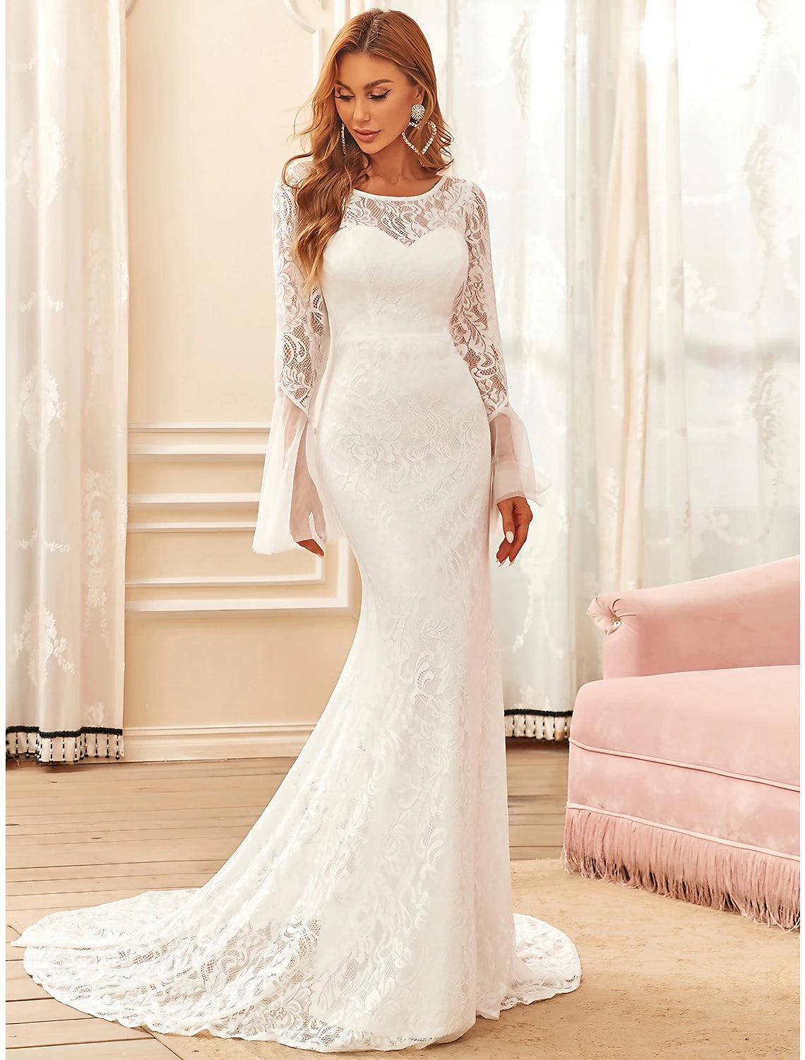 Weitese Reception Boho Wedding Dresses Mermaid / Trumpet Illusion Neck Long Sleeve Sweep / Brush Train Lace Bridal Gowns With Lace