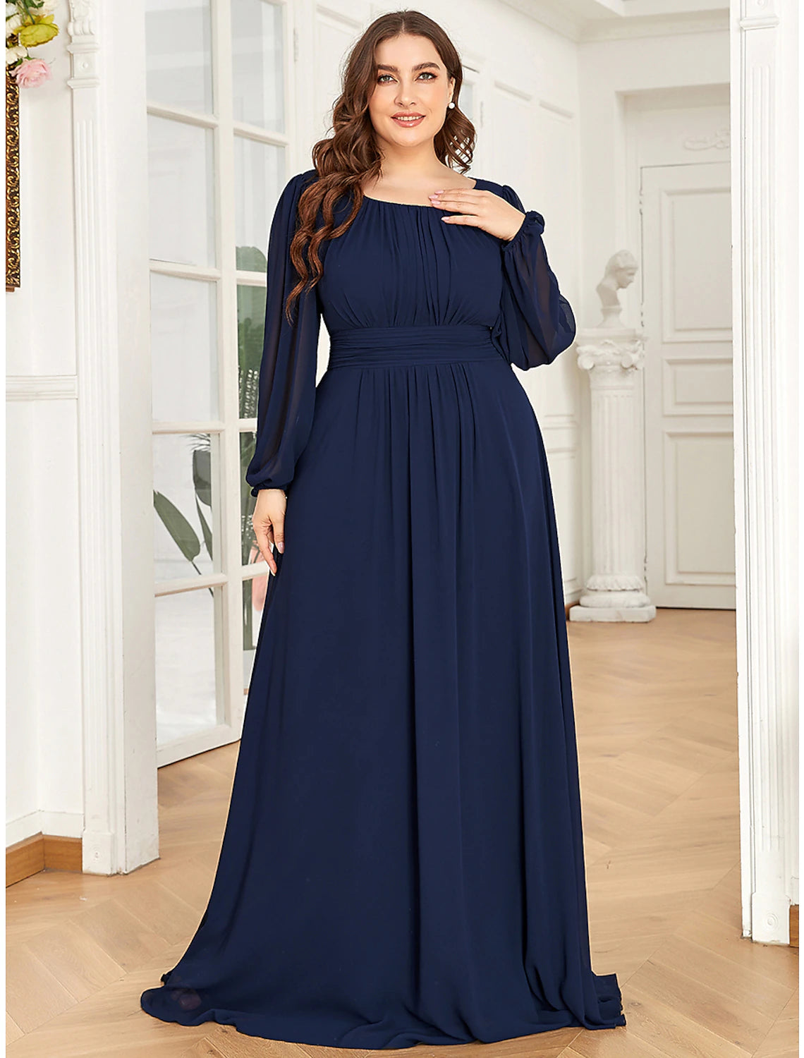 Weitese A-Line Evening Gown Elegant Dress Wedding Guest Formal Evening Floor Length Long Sleeve Jewel Neck Chiffon with Draping Pure Color