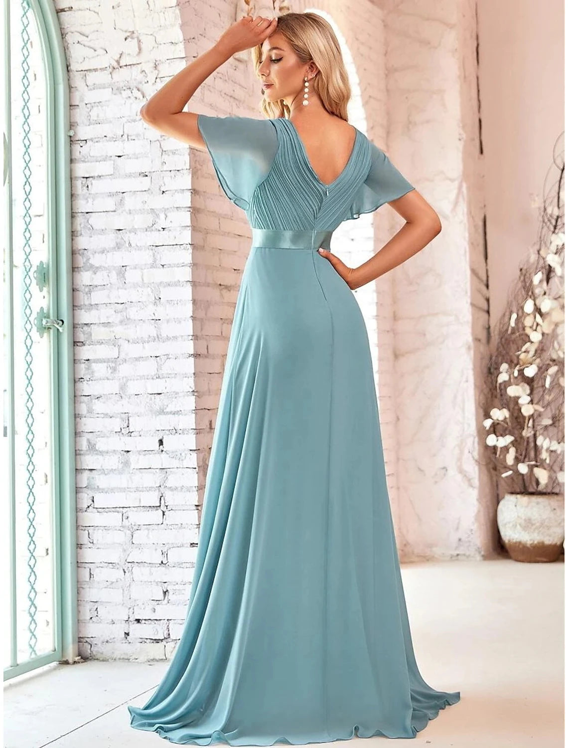 Weitese A-Line Evening Gown Party Dress Empire Dress Wedding Guest Formal Evening Floor Length Short Sleeve V Neck Bridesmaid Dress Chiffon V Back with Ruffles Pure Color