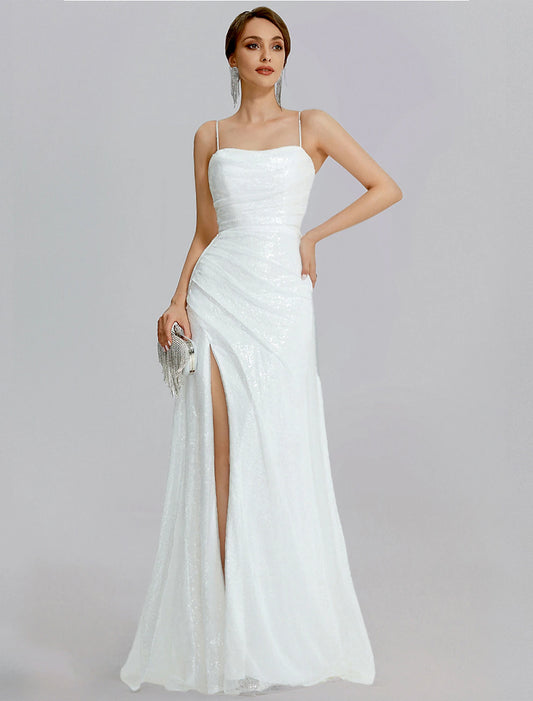 Weitese Mermaid / Trumpet Prom Dresses Sparkle Dress Wedding Floor Length Sleeveless Cowl Neck Sequined with Ruched Slit