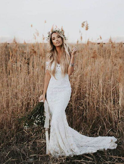 Weitese Beach Boho Wedding Dresses Mermaid / Trumpet Off Shoulder Cap Sleeve Chapel Train Lace Bridal Gowns With Appliques Solid Color