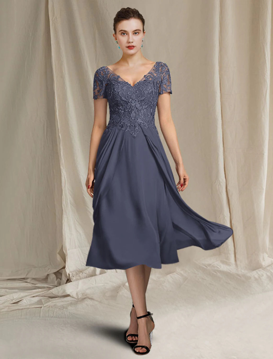 Weitese A-Line Mother of the Bride Dress Plus Size Elegant V Neck Tea Length Chiffon Lace Short Sleeve Wrap Included with Appliques