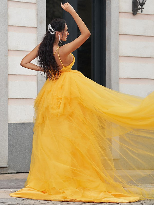 Weitese A-Line/Princess Tulle Ruffles V-neck Sleeveless Asymmetrical Dresses