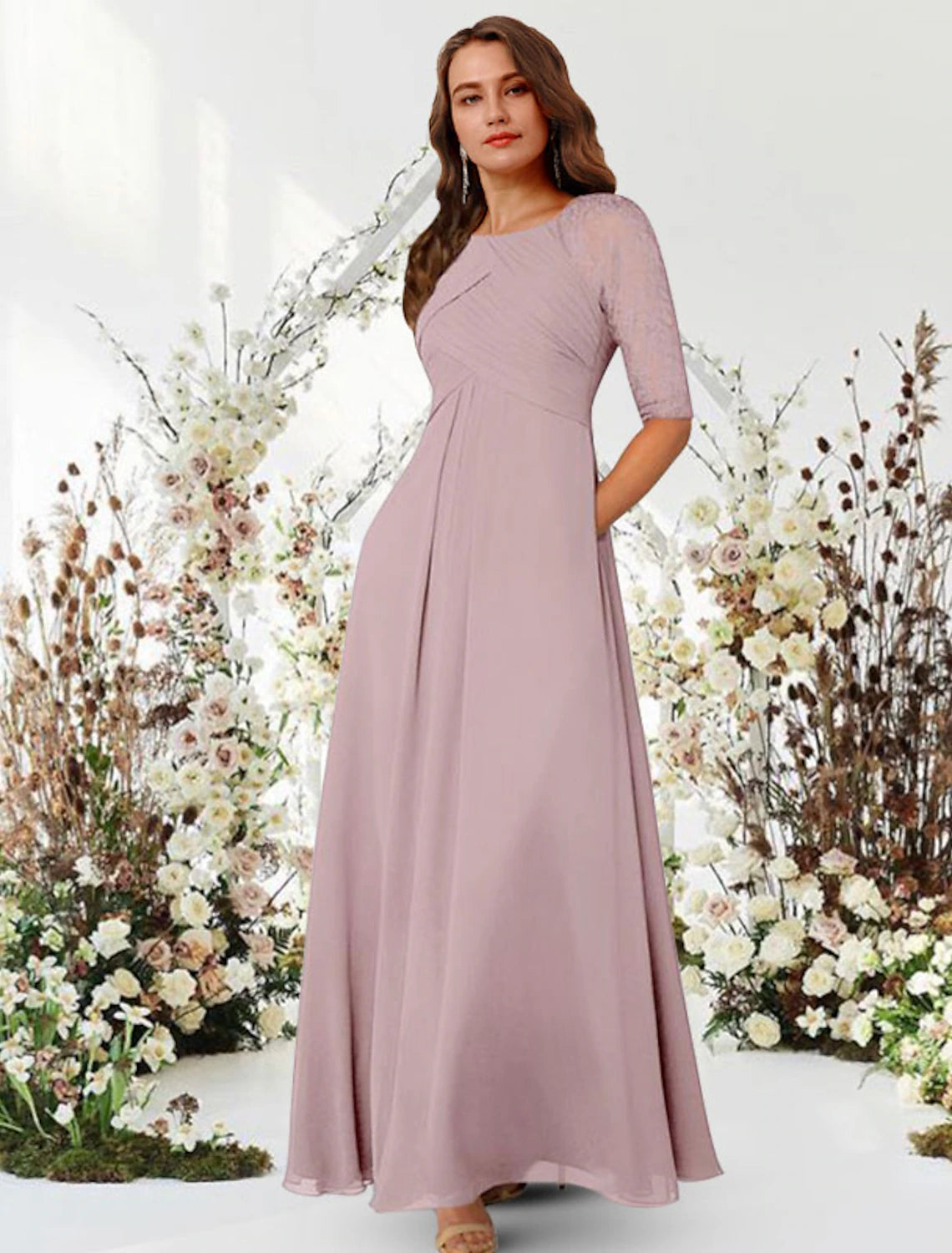 Weitese A-Line Evening Gown Elegant Dress Wedding Guest Formal Evening Floor Length Half Sleeve Jewel Neck Chiffon with Pleats Ruched