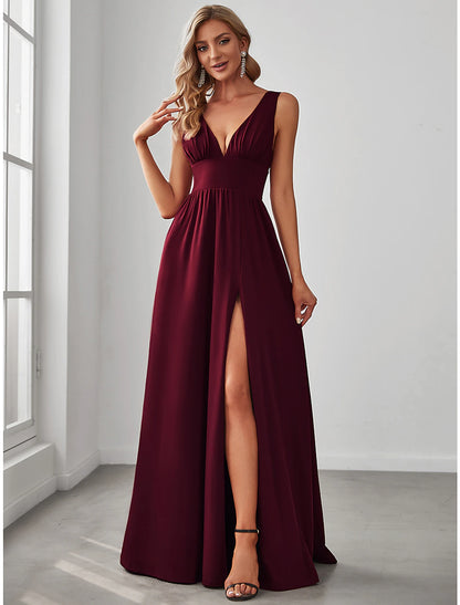 Weitese A-Line Prom Party Dress High Split Dress Wedding Guest Formal Evening Floor Length Sleeveless V Neck Bridesmaid Dress Chiffon V Back with Slit Pure Color