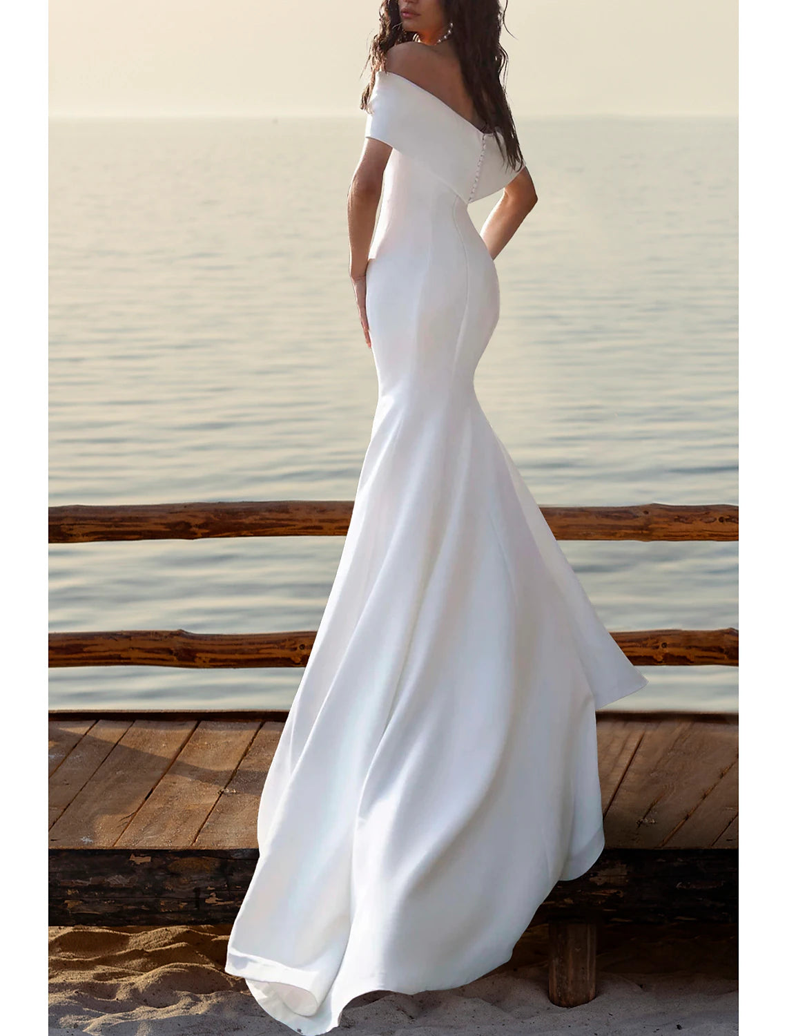 Beach Simple Wedding Dresses Mermaid / Trumpet Off Shoulder Cap Sleeve Court Train Satin Bridal Gowns