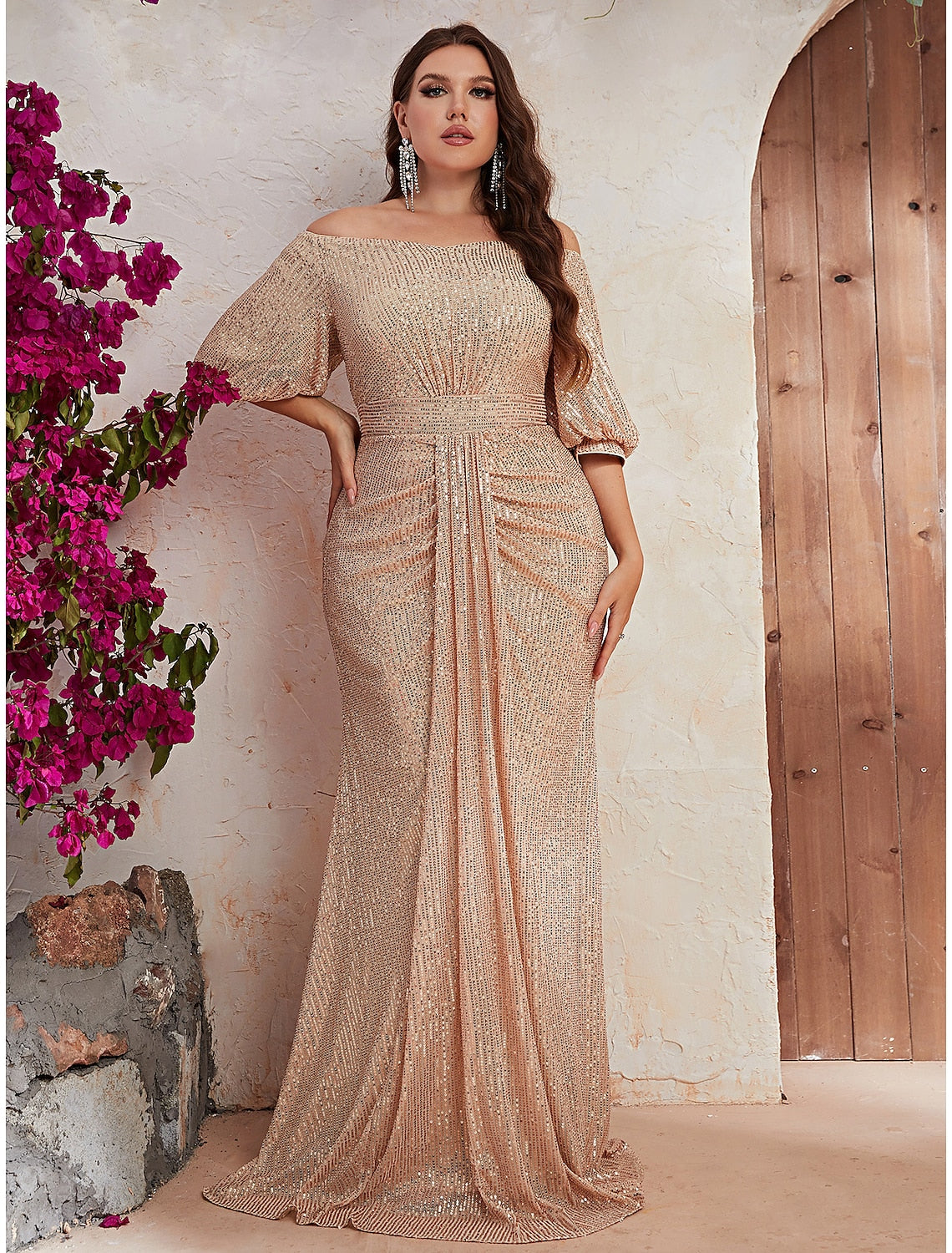 Weitese A-Line Wedding Guest Dresses Elegant Dress Formal Evening Party Sweep / Brush Train Half Sleeve Off Shoulder Polyester with Beading