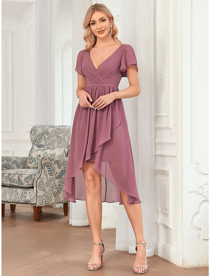 Weitese A-Line Bridesmaid Dress Plunging Neck Sleeveless Elegant Asymmetrical / Short / Mini Chiffon with Pleats / Cascading Ruffles / Solid Color