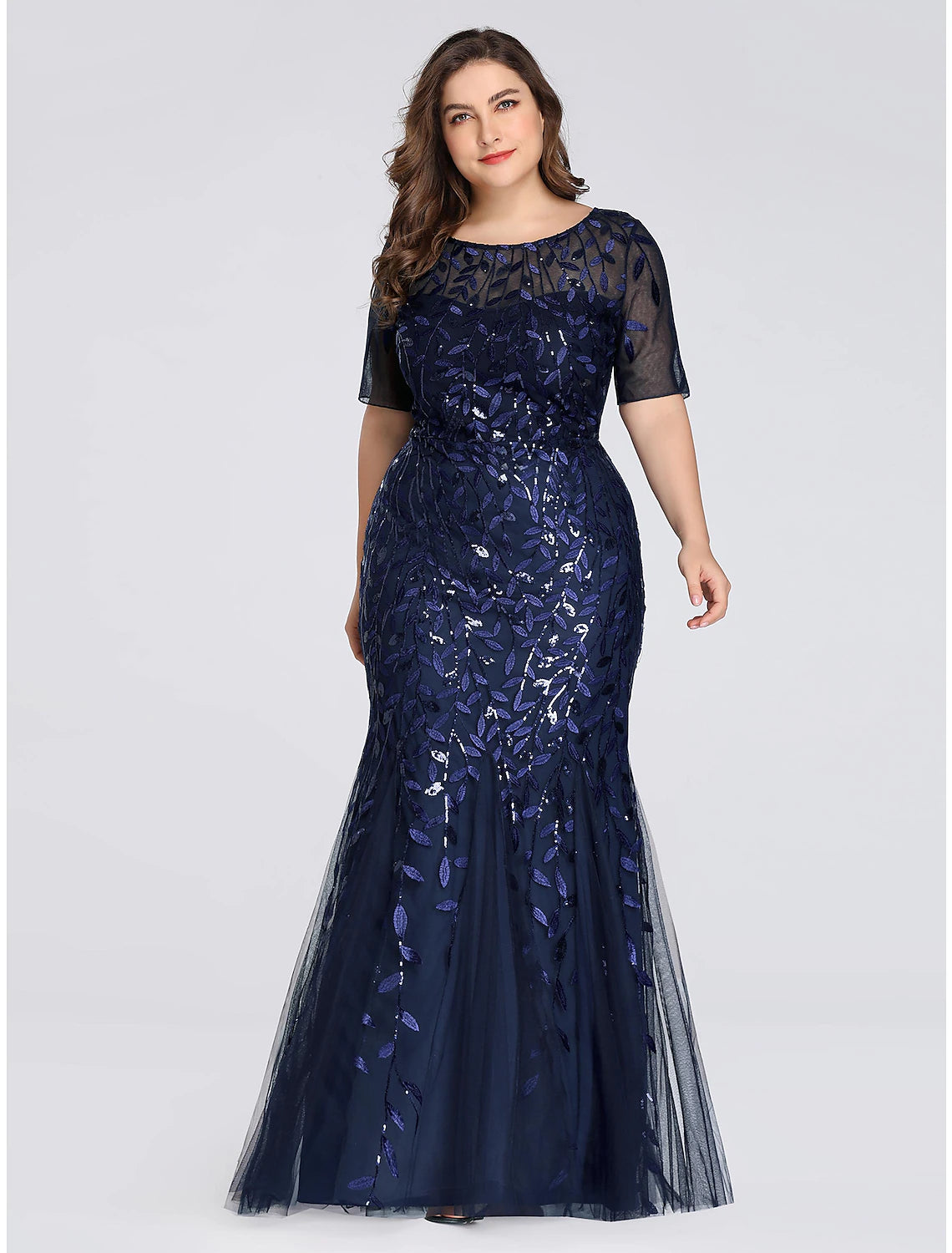 Weitese Mermaid / Trumpet Evening Gown Plus Size Dress Formal Evening Floor Length Short Sleeve Jewel Neck Fall Wedding Guest Tulle Ladder Back with Sequin Appliques