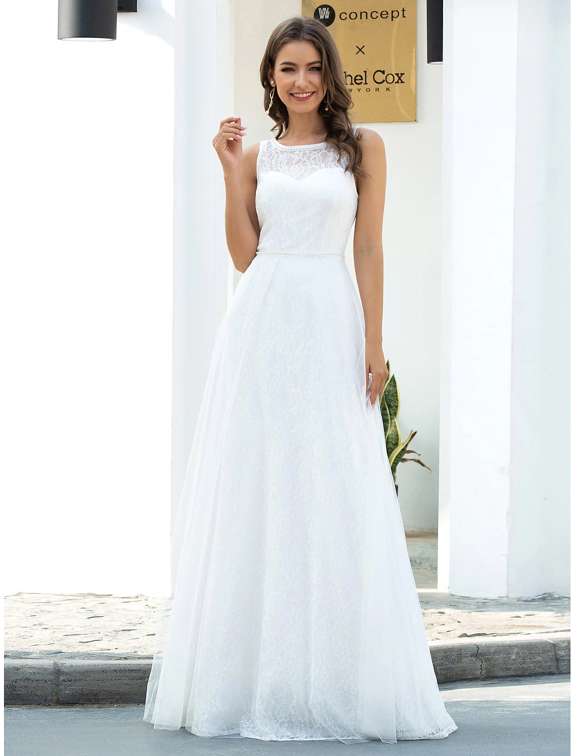 Weitese Beach Wedding Dresses A-Line Scoop Neck Sleeveless Floor Length Lace Bridal Gowns With Lace