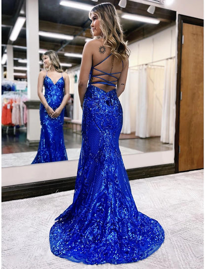 Weitese Mermaid / Trumpet Prom Dresses Sparkle & Shine Dress Formal Wedding Party Sweep / Brush Train Sleeveless V Neck Sequined Backless with Glitter Sequin