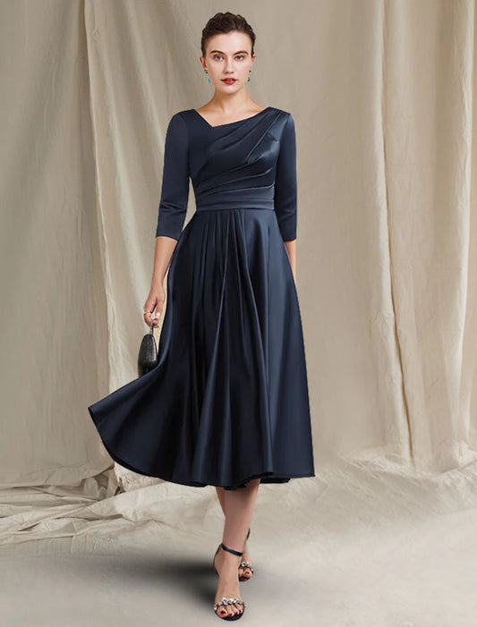 Weitese A-Line Mother of the Bride Dress Elegant Bateau Neck V Neck Tea Length Satin Half Sleeve with Pleats Ruched