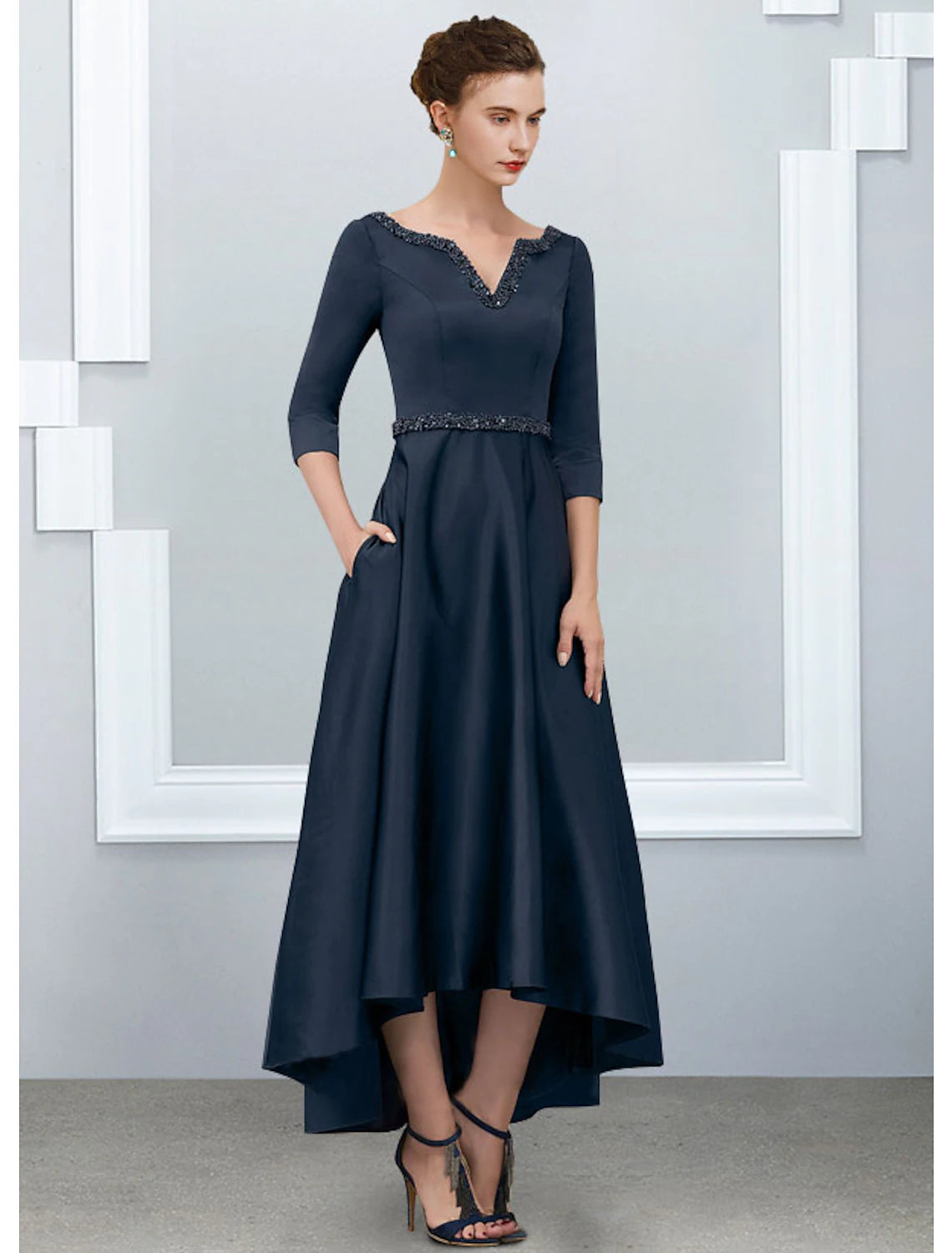 Weitese A-Line Mother of the Bride Dress Elegant High Low V Neck Asymmetrical Ankle Length Satin Half Sleeve with Pleats