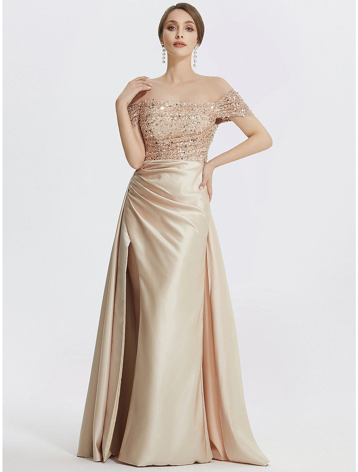 Weitese Sheath / Column Evening Gown Elegant Dress Formal Floor Length Short Sleeve Off Shoulder Sequined with Glitter Pleats Slit