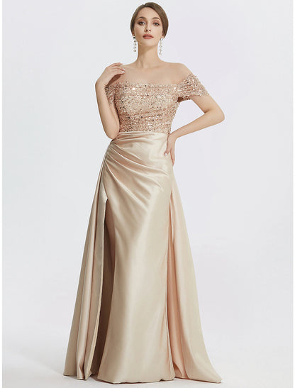 Weitese Sheath / Column Evening Gown Elegant Dress Formal Floor Length Short Sleeve Off Shoulder Sequined with Glitter Pleats Slit